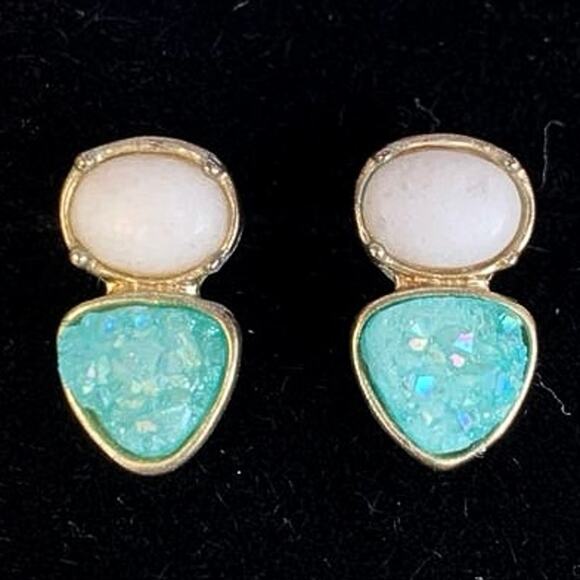 Anthropologie Stone and Druzy Quartz Stud Earrings with Gold Tone Boho Style - Picture 1 of 9